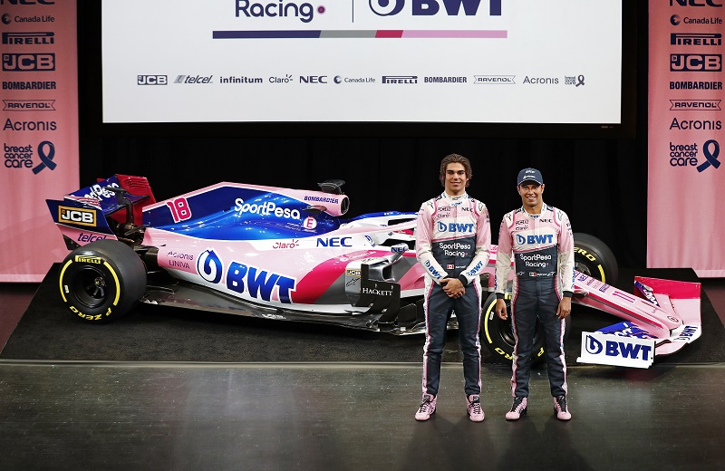 Lance Stroll and Sergio Perez at the unveiling of SportPesa Racing Point F1 car in Toronto.jpg